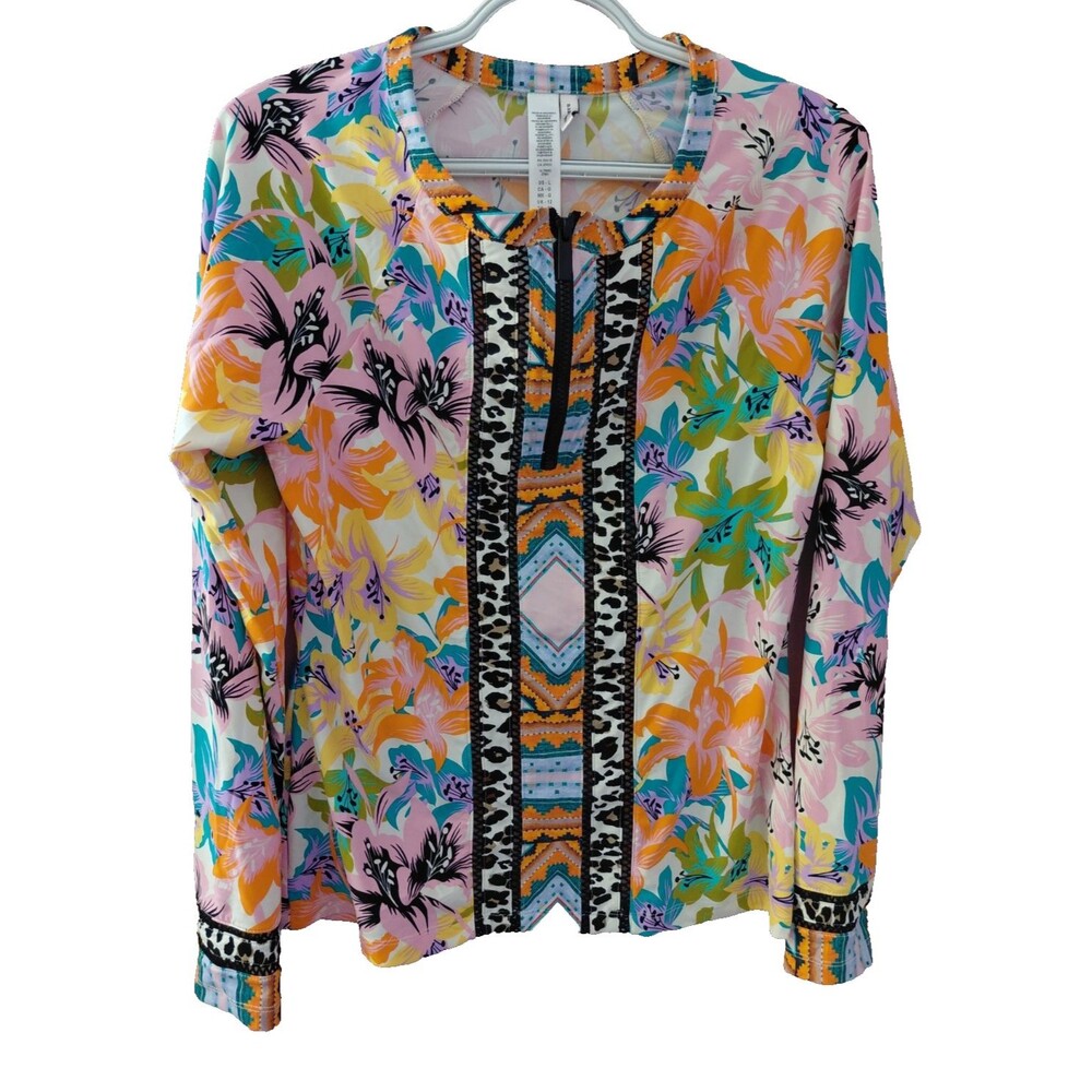 Nanette Lepore Colorful Floral 1/4 Zip Stretch Activewear Pullover Top Size L - Picture 1 of 9